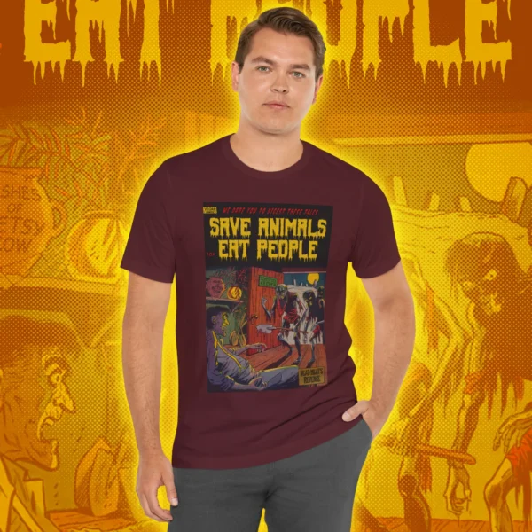 Save Animals Eat People T-Shirt Maroon Model