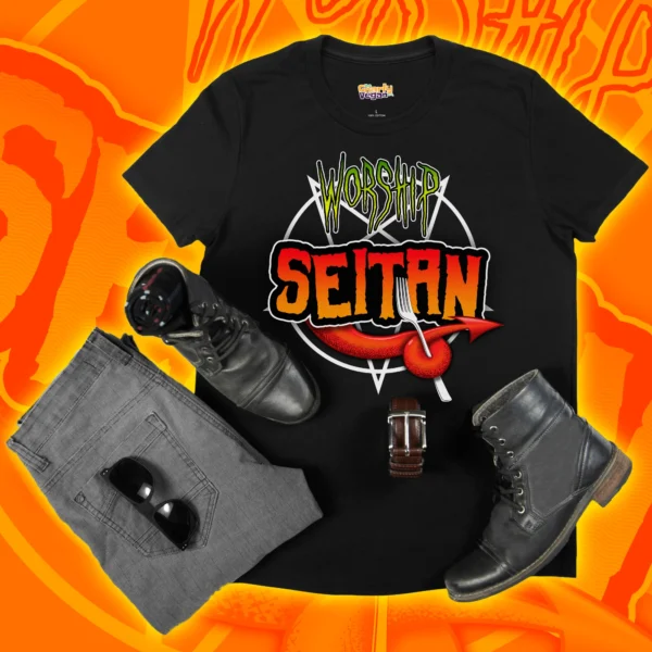 Worship Seitan T-Shirt Black Mockup