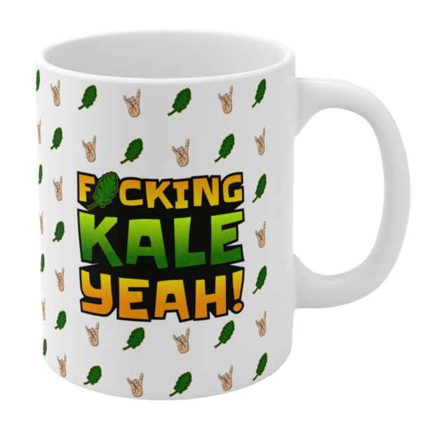 White ceramic vegan mug with “Fucking Kale Yeah” design, kale leaves, and hand-horn icons.