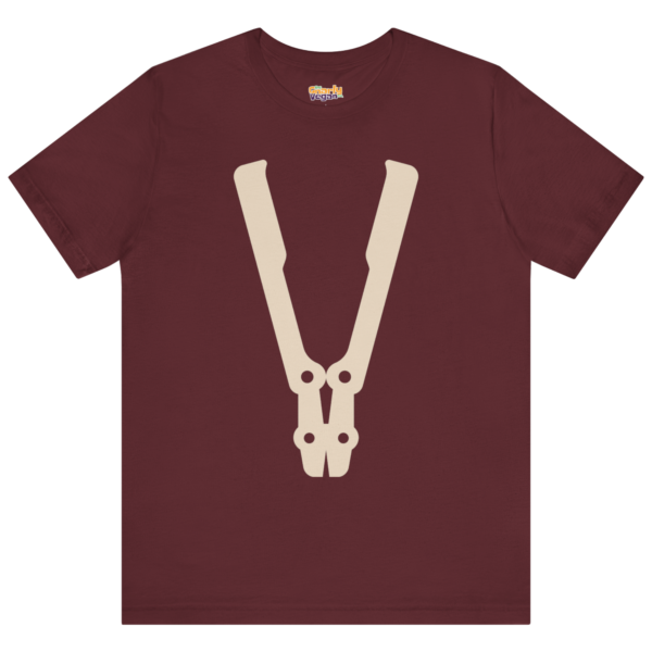 Bolt Cutter Icon T-Shirt Maroon with V-shaped vegan symbol