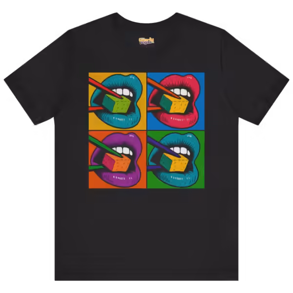 Tofu Bites black vegan t-shirt with colourful pop art lips and tofu cubes design