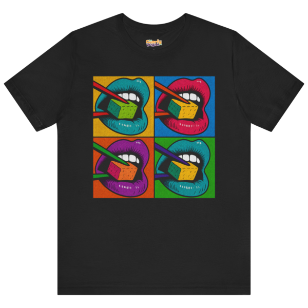 Tofu Bites black vegan t-shirt with colourful pop art lips and tofu cubes design