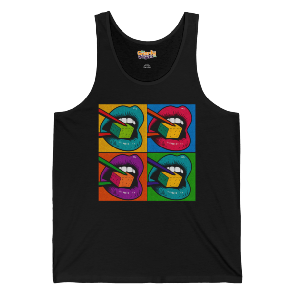 Tofu Bites black vegan tank top with colourful pop art lips and tofu cubes design