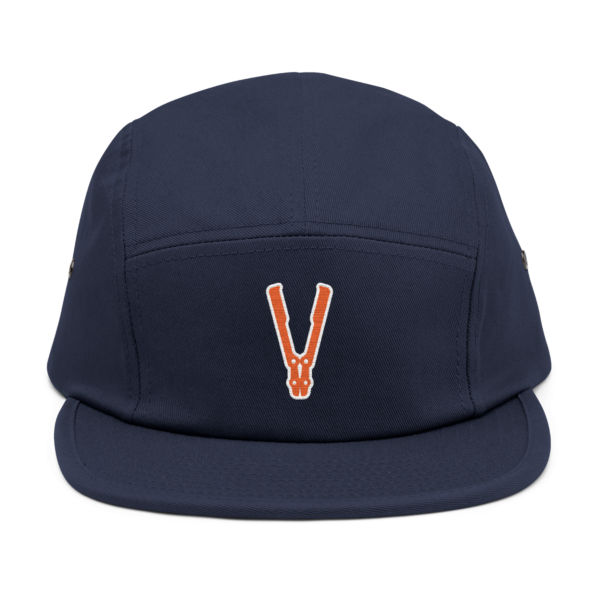 Front view of a navy five-panel hat with an orange bolt cutter icon.