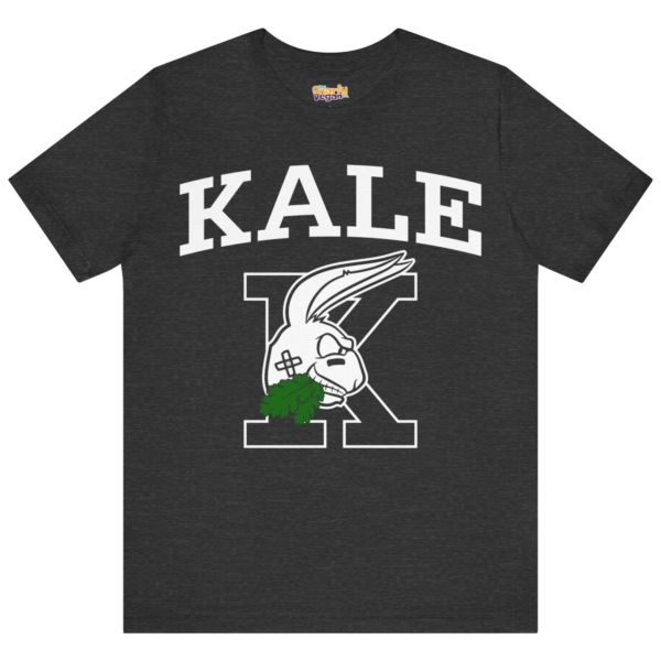 Dark gray Kale University mascot T-shirt displayed flat